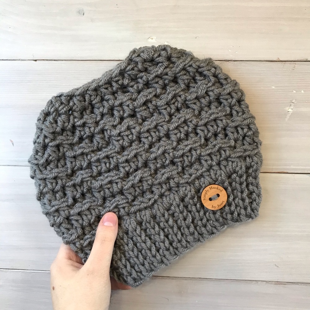Gray Adult Crochet Messy Bun Hat Beanie